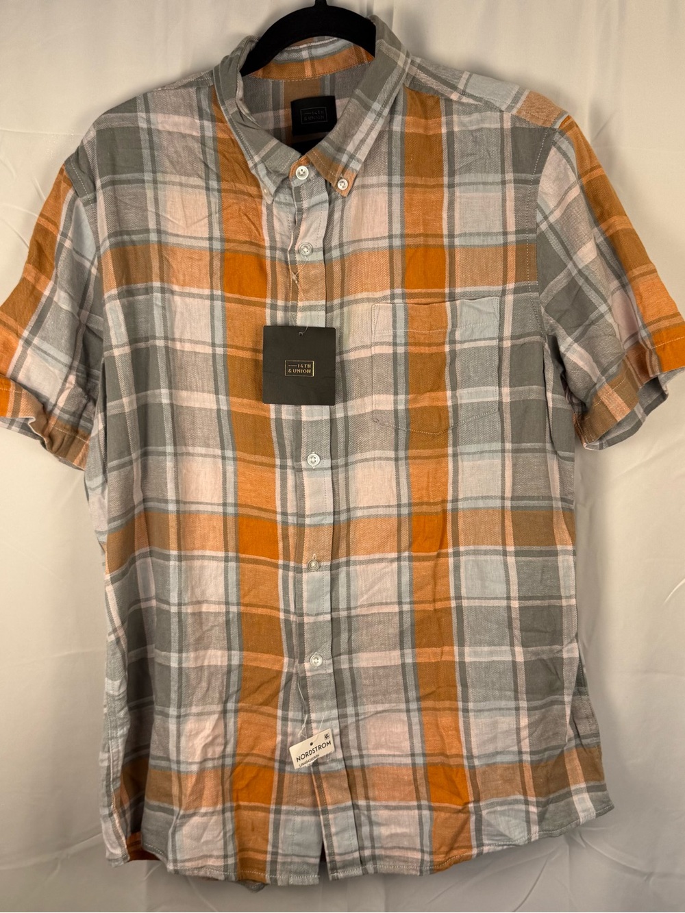14th & Union Plaid Linen Blend Button Down Shirt Large Trim Fit NWT